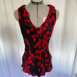 Tory Burch Silk Tank, Black & Red w/ Ruffles, size 6